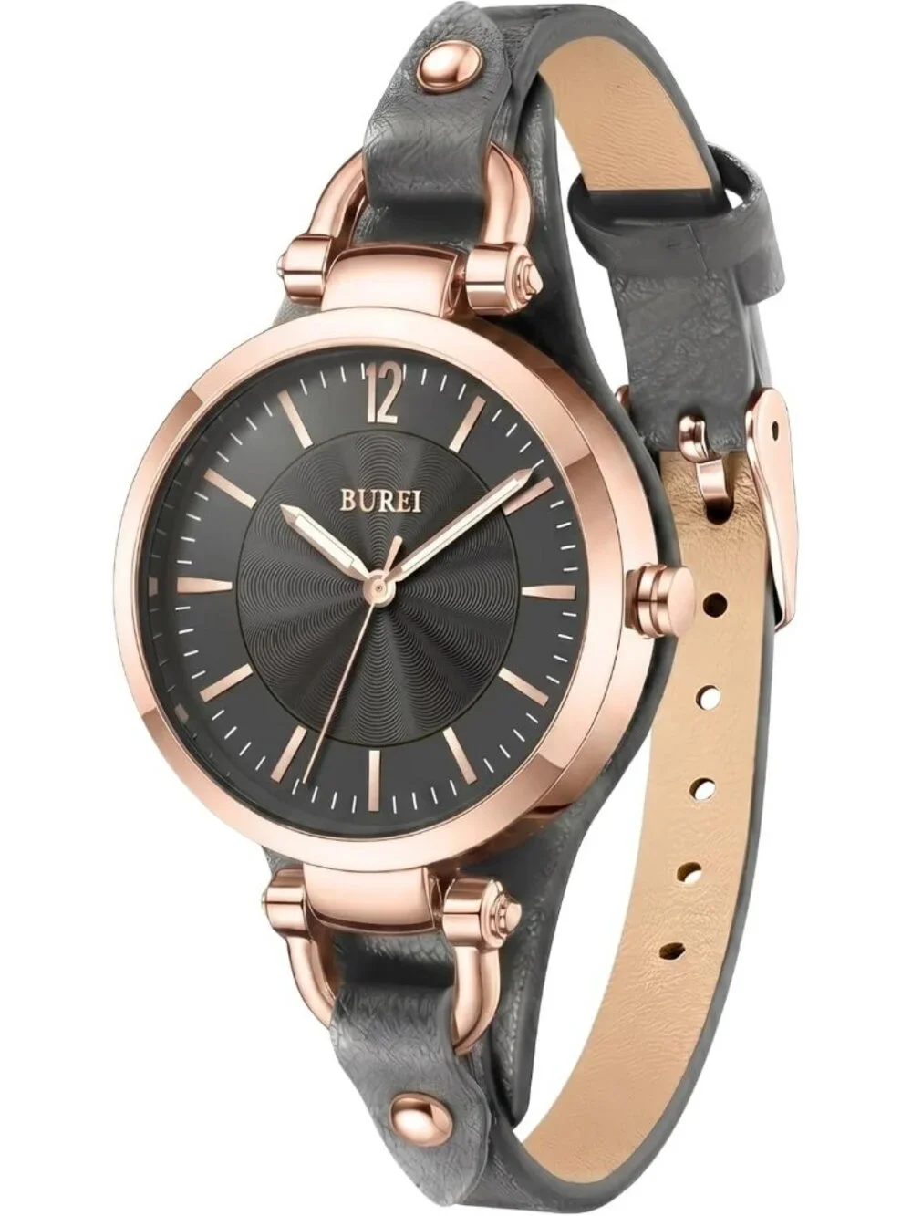 Women's Deep Grey Simple Leather Strap Bracelet Band Analog Quartz Wrist Watches